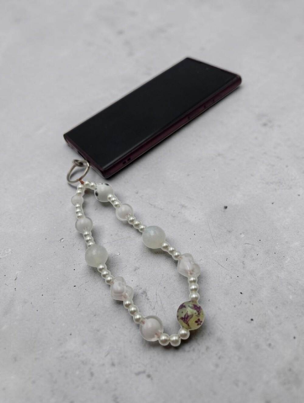 Stylish Phone Charm White Pearls Clear Beads Heart Accent Cute Handmade